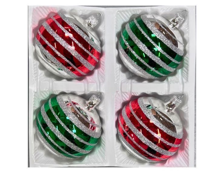 Coffret 4 boules de Noël en verre bandes pailletées argent rouge et vert Ø8cm