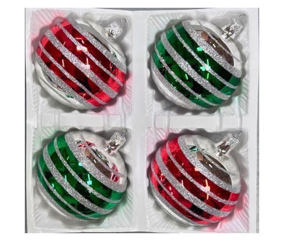 Coffret 4 boules de Noël en verre bandes pailletées argent rouge et vert Ø8cm