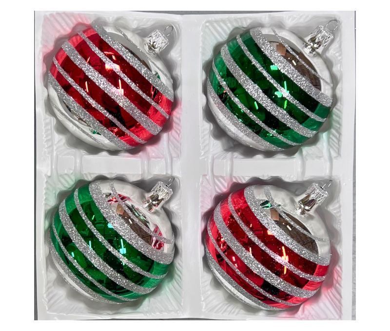 Coffret 4 boules de Noël en verre bandes pailletées argent rouge et vert Ø8cm