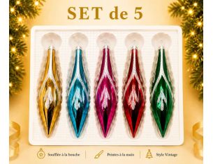 Coffret 5 gouttes de Noël en verre motif branches pailletées blanches doré turquoise fuchsia framboise vert H12cm