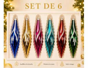 Coffret 6 gouttes de Noël en verre motif branches pailletées blanches bleu doré fuchsia turquoise rouge vert H12cm