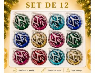 Coffret 12 boules de Noël en verre motif branches pailletées blanches vert rouge turquoise bleu doré fuchsia Ø6cm