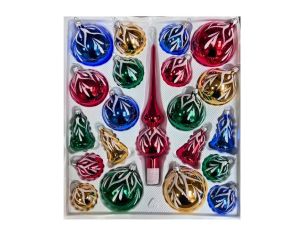 Coffret 21 pièces de Noël en verre motif branches pailletées blanches boules cloches cimier bleu doré vert rouge