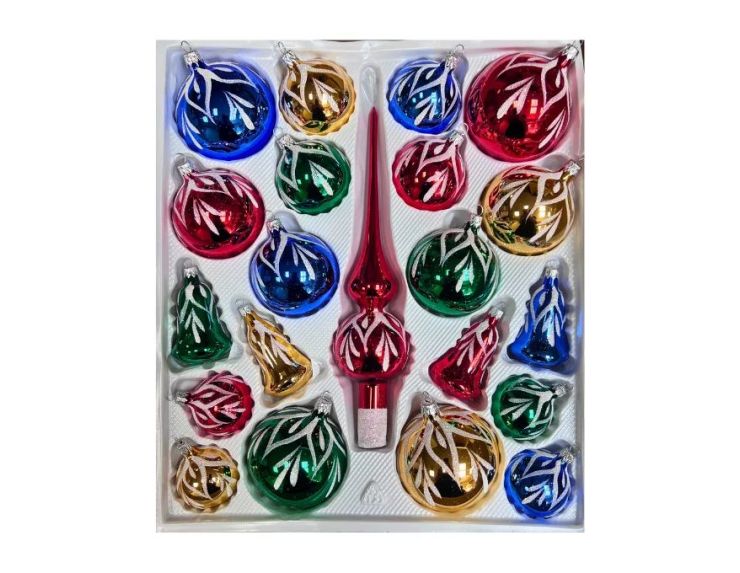 Coffret 21 pièces de Noël en verre motif branches pailletées blanches boules cloches cimier bleu doré vert rouge