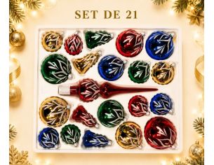 Coffret 21 pièces de Noël en verre motif branches pailletées blanches boules cloches cimier bleu doré vert rouge