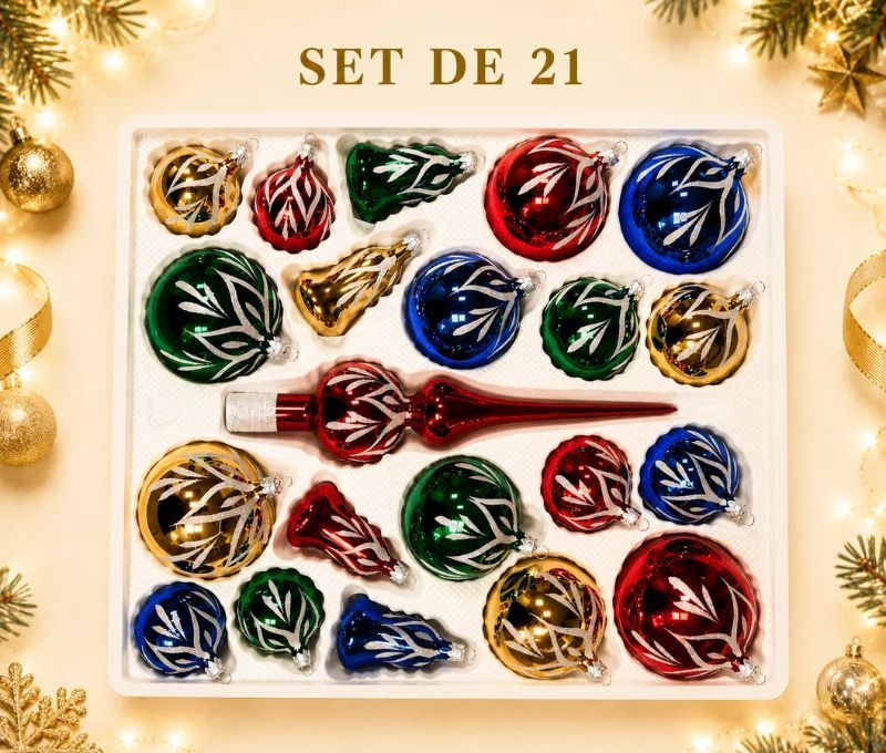 Coffret 21 pièces de Noël en verre motif branches pailletées blanches boules cloches cimier bleu doré vert rouge
