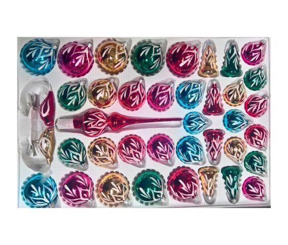 Coffret 39 pièces de Noël en verre motif branches pailletées blanches boules gouttes cimier doré fuchsia vert turquoise rouge