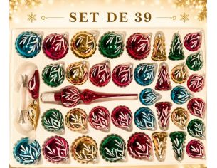 Coffret 39 pièces de Noël en verre motif branches pailletées blanches boules gouttes cimier doré fuchsia vert turquoise rouge