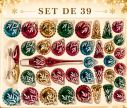 Voir la slide Coffret 39 pièces de Noël en verre motif branches pailletées blanches boules gouttes cimier doré fuchsia vert turquoise rouge