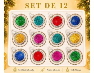 Coffret 12 boules de Noël en verre argentées réflecteurs colorés vert turquoise rouge bleu doré fuchsia Ø6cm