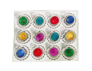 Coffret 12 boules de Noël en verre argentées réflecteurs colorés vert turquoise rouge bleu doré fuchsia Ø6cm