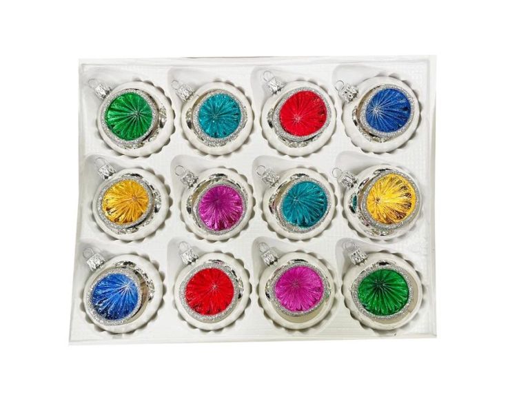 Coffret 12 boules de Noël en verre argentées réflecteurs colorés vert turquoise rouge bleu doré fuchsia Ø6cm