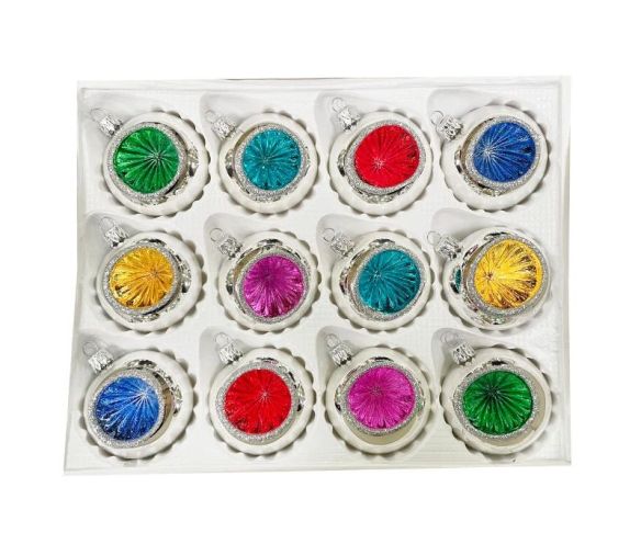 Coffret 12 boules de Noël en verre argentées réflecteurs colorés vert turquoise rouge bleu doré fuchsia Ø6cm