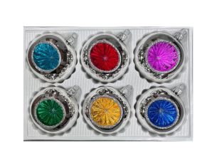 Coffret 6 boules de Noël en verre argentées réflecteurs colorés turquoise rouge fuchsia vert doré bleu Ø8cm