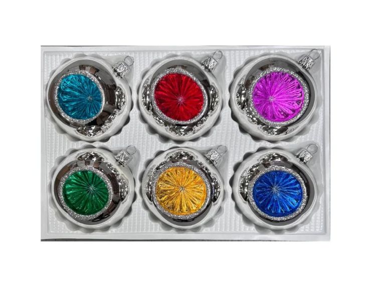 Coffret 6 boules de Noël en verre argentées réflecteurs colorés turquoise rouge fuchsia vert doré bleu Ø8cm