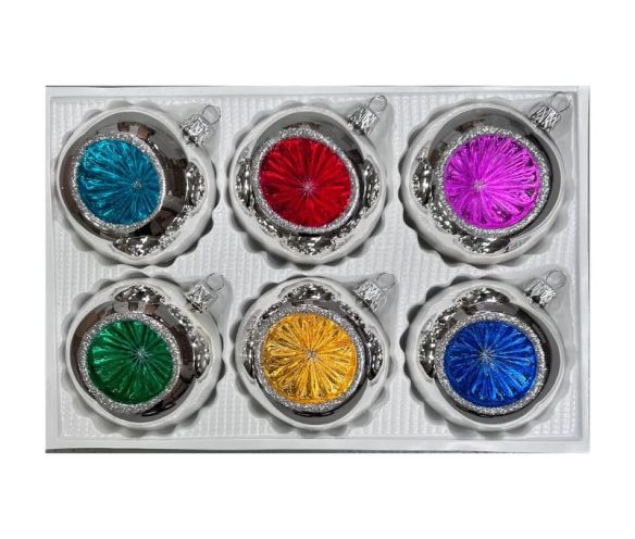 Coffret 6 boules de Noël en verre argentées réflecteurs colorés turquoise rouge fuchsia vert doré bleu Ø8cm