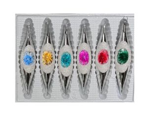 Coffret 6 gouttes de Noël en verre argentées pailletées réflecteurs colorés bleu doré turquoise fuchsia rouge vert H10cm