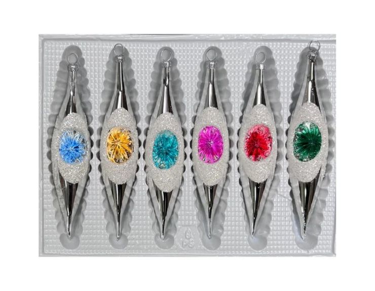 Coffret 6 gouttes de Noël en verre argentées pailletées réflecteurs colorés bleu doré turquoise fuchsia rouge vert H10cm