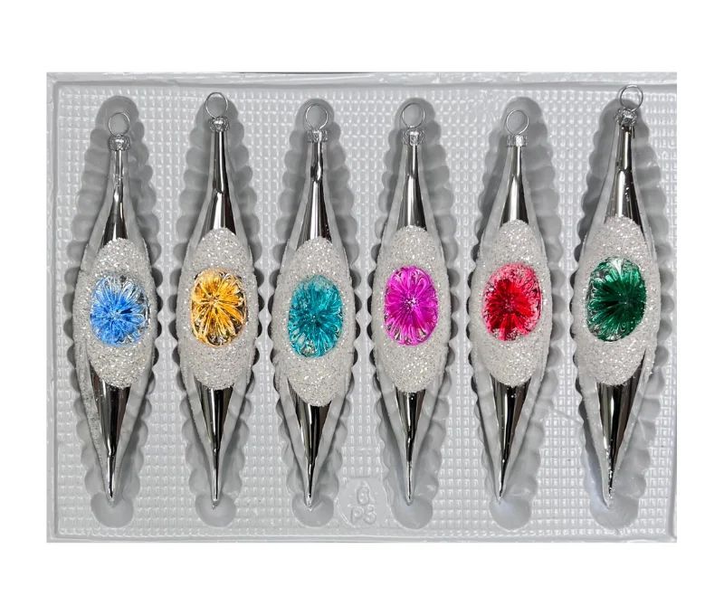 Coffret 6 gouttes de Noël en verre argentées pailletées réflecteurs colorés bleu doré turquoise fuchsia rouge vert H10cm