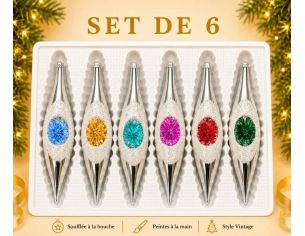 Coffret 6 gouttes de Noël en verre argentées pailletées réflecteurs colorés bleu doré turquoise fuchsia rouge vert H10cm