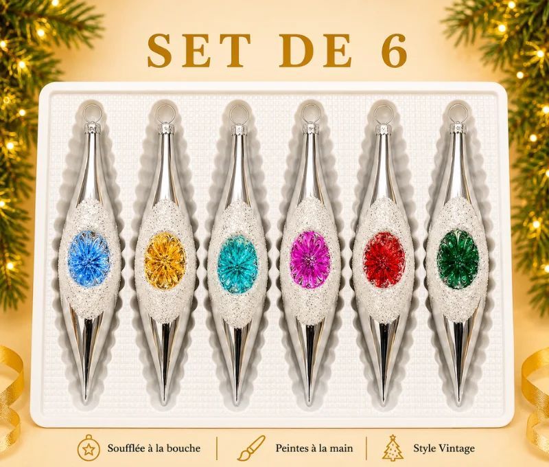 Coffret 6 gouttes de Noël en verre argentées pailletées réflecteurs colorés bleu doré turquoise fuchsia rouge vert H10cm