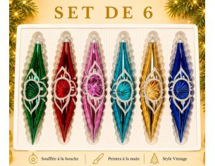 Coffret 6 gouttes de Noël en verre coloré médaillon pailleté blanc réflecteur vert rouge rose turquoise doré bleu H10cm