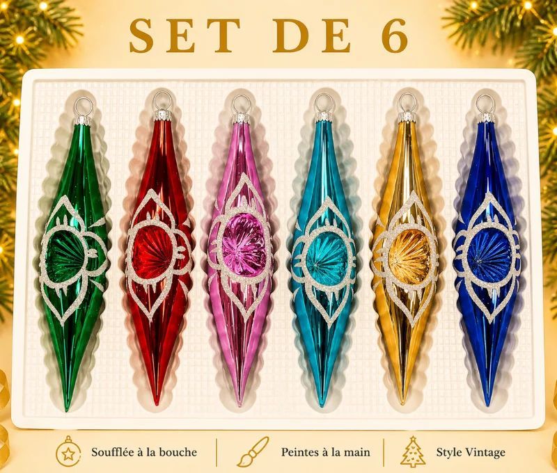 Coffret 6 gouttes de Noël en verre coloré médaillon pailleté blanc réflecteur vert rouge rose turquoise doré bleu H10cm