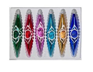 Coffret 6 gouttes de Noël en verre coloré médaillon pailleté blanc réflecteur vert rouge rose turquoise doré bleu H10cm