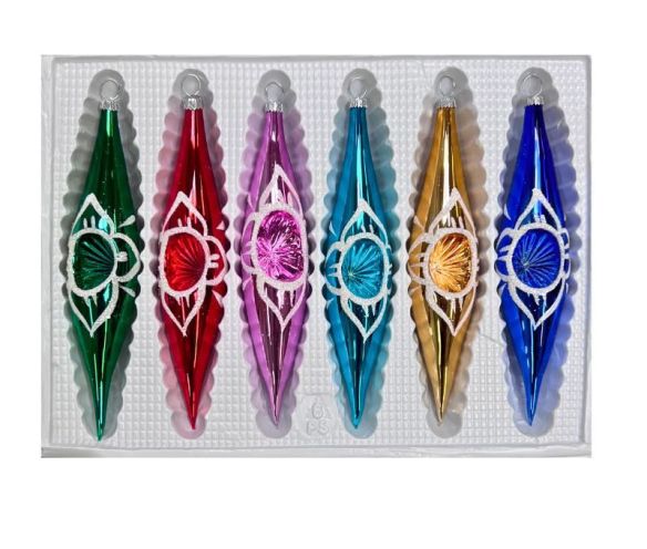 Coffret 6 gouttes de Noël en verre coloré médaillon pailleté blanc réflecteur vert rouge rose turquoise doré bleu H10cm