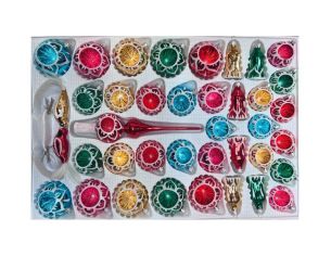 Coffret 39 pièces de Noël en verre médaillon pailleté blanc réflecteurs colorés boules cloches sapins cimier