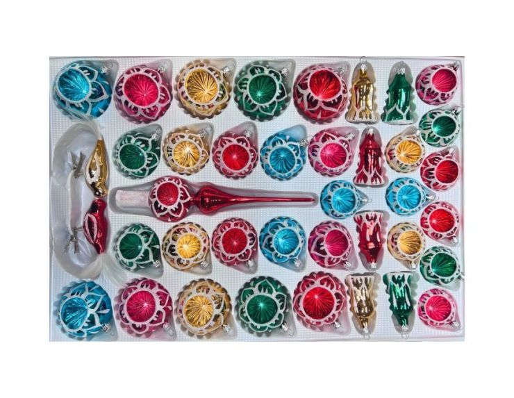 Coffret 39 pièces de Noël en verre médaillon pailleté blanc réflecteurs colorés boules cloches sapins cimier