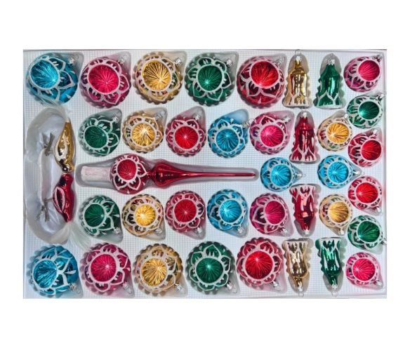 Coffret 39 pièces de Noël en verre médaillon pailleté blanc réflecteurs colorés boules cloches sapins cimier
