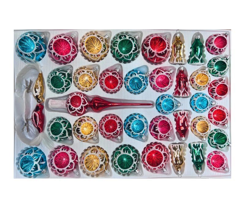 Coffret 39 pièces de Noël en verre médaillon pailleté blanc réflecteurs colorés boules cloches sapins cimier