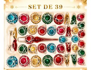 Coffret 39 pièces de Noël en verre médaillon pailleté blanc réflecteurs colorés boules cloches sapins cimier