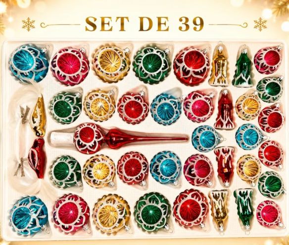 Coffret 39 pièces de Noël en verre médaillon pailleté blanc réflecteurs colorés boules cloches sapins cimier