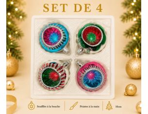 Coffret 4 boules de Noël en verre bicolore rayons pailletés argent réflecteur multicolore turquoise fuchsia vert rouge Ø10cm