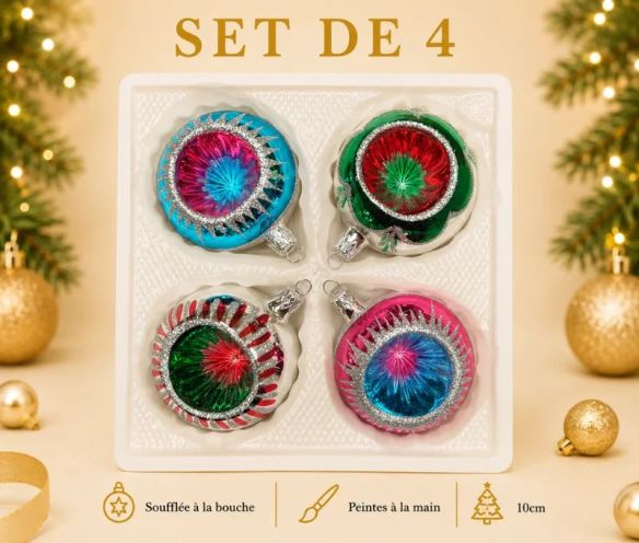 Coffret 4 boules de Noël en verre bicolore rayons pailletés argent réflecteur multicolore turquoise fuchsia vert rouge Ø10cm