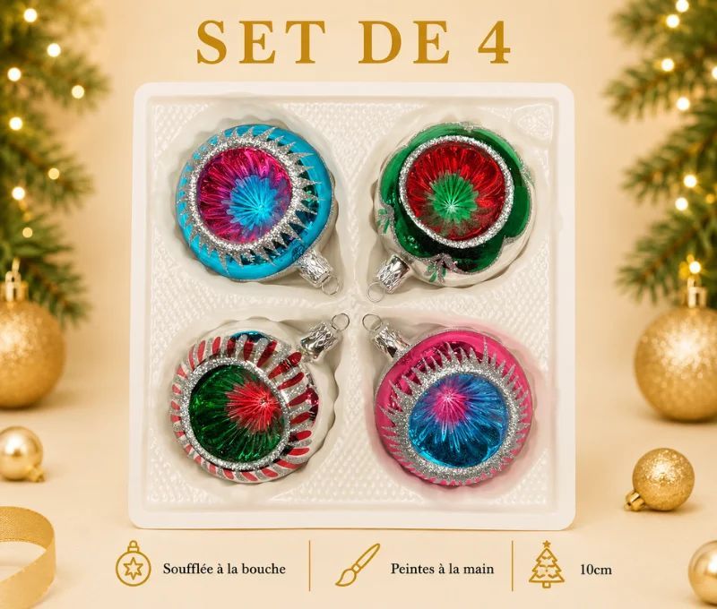Coffret 4 boules de Noël en verre bicolore rayons pailletés argent réflecteur multicolore turquoise fuchsia vert rouge Ø10cm