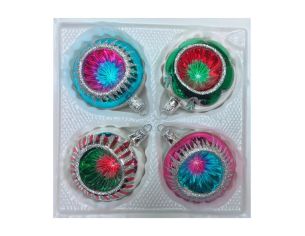 Coffret 4 boules de Noël en verre bicolore rayons pailletés argent réflecteur multicolore turquoise fuchsia vert rouge Ø10cm