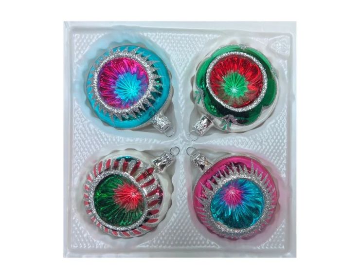 Coffret 4 boules de Noël en verre bicolore rayons pailletés argent réflecteur multicolore turquoise fuchsia vert rouge Ø10cm
