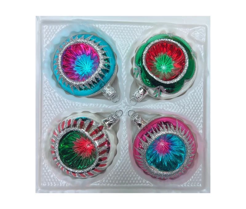 Coffret 4 boules de Noël en verre bicolore rayons pailletés argent réflecteur multicolore turquoise fuchsia vert rouge Ø10cm