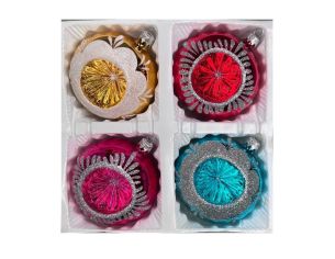 Coffret 4 boules de Noël en verre coloré motifs pailletés blancs argentés réflecteurs doré rouge fuchsia turquoise Ø10cm
