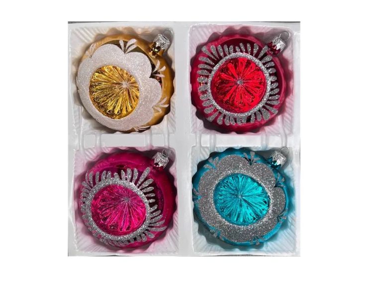Coffret 4 boules de Noël en verre coloré motifs pailletés blancs argentés réflecteurs doré rouge fuchsia turquoise Ø10cm