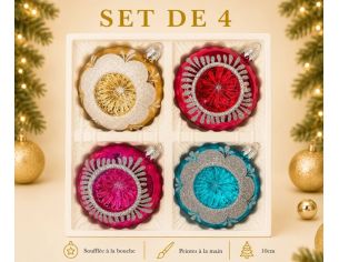 Coffret 4 boules de Noël en verre coloré motifs pailletés blancs argentés réflecteurs doré rouge fuchsia turquoise Ø10cm