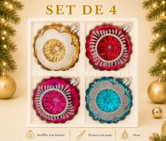 Coffret 4 boules de Noël en verre coloré motifs pailletés blancs argentés réflecteurs doré rouge fuchsia turquoise Ø10cm