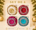 Voir la slide Coffret 4 boules de Noël en verre coloré motifs pailletés blancs argentés réflecteurs doré rouge fuchsia turquoise Ø10cm