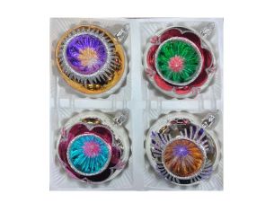 Coffret 4 boules de Noël en verre bicolore motifs pailletés argentés réflecteurs multicolores doré rouge fuchsia argenté Ø10cm