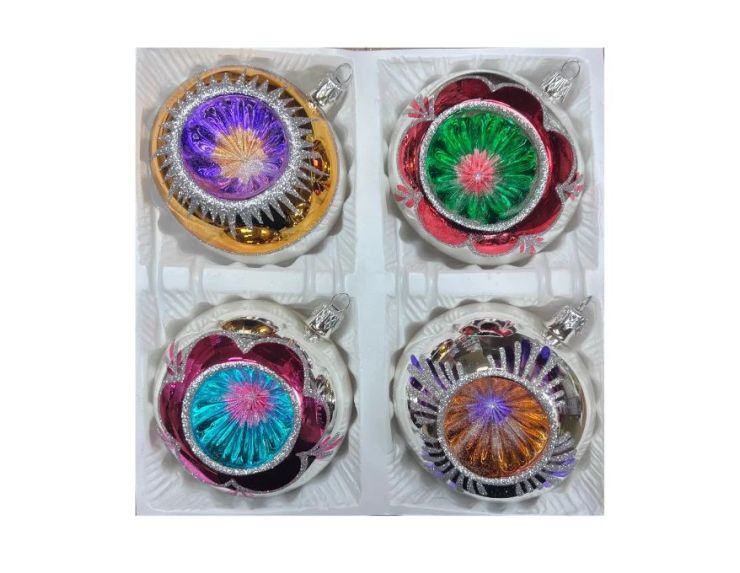 Coffret 4 boules de Noël en verre bicolore motifs pailletés argentés réflecteurs multicolores doré rouge fuchsia argenté Ø10cm