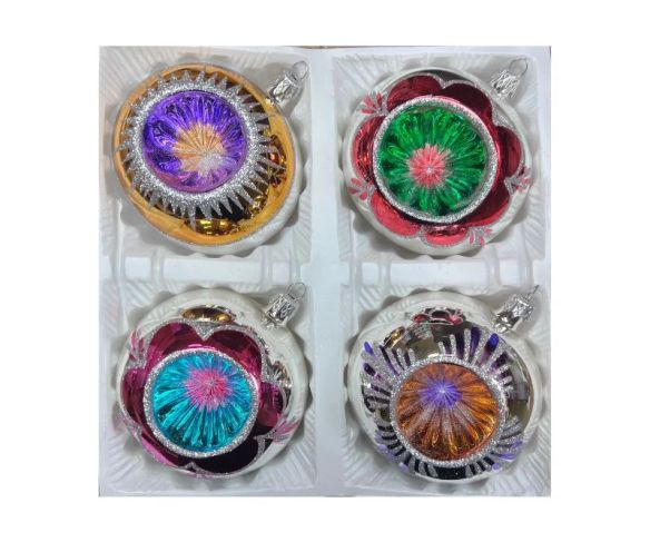 Coffret 4 boules de Noël en verre bicolore motifs pailletés argentés réflecteurs multicolores doré rouge fuchsia argenté Ø10cm
