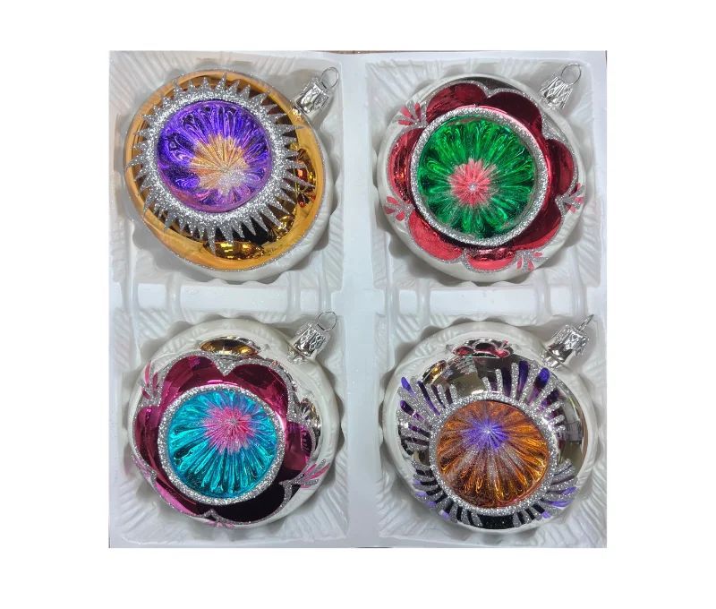 Coffret 4 boules de Noël en verre bicolore motifs pailletés argentés réflecteurs multicolores doré rouge fuchsia argenté Ø10cm